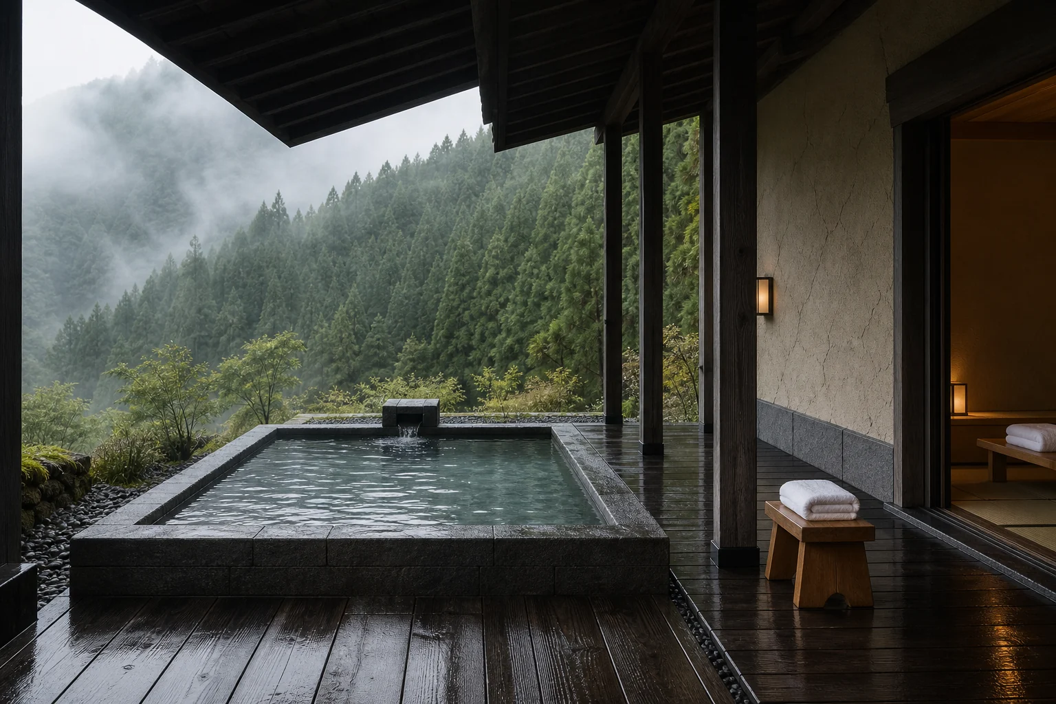 Field record of a stone bath open to a rain-softened cedar valley